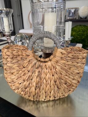 Unbranded Natural Woven Straw Handbag with Rhinestone Handle